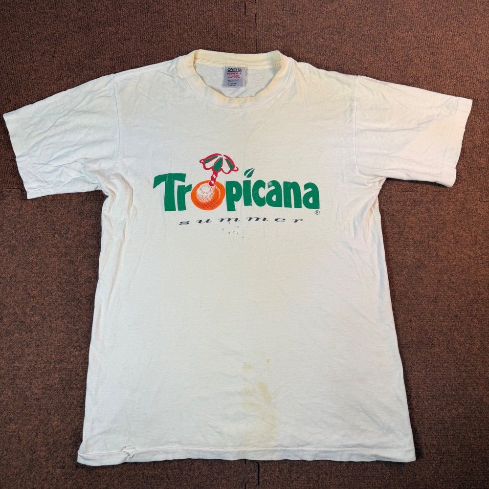 Vintage Oneita Tropicana Summer T Shirt Mens Large White 90s Single Stitch Tee